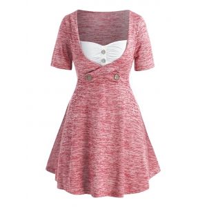 

Plus Size Ruched Space Dye Mock Button T Shirt, Pig pink