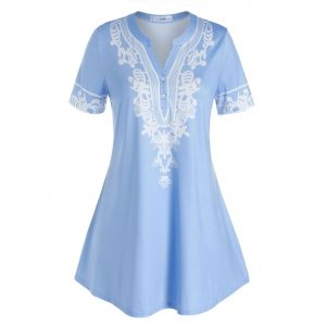 

Plus Size Placket V Notch Short Sleeve Tunic Tee, Sky blue