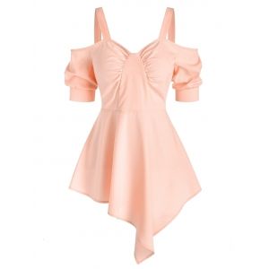 

Ruched Open Shoulder Asymmetric Blouse, Pink
