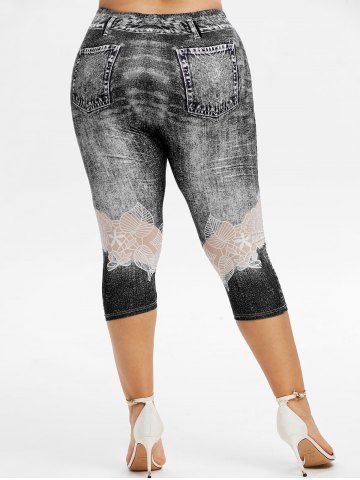 

Plus Size 3D Denim Print Capri Jeggings, Black