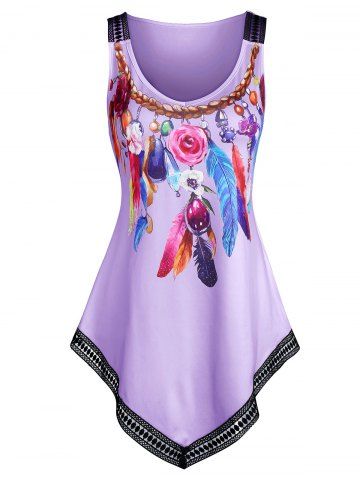 Feather Print Lace Trim Pointed Hem Tank Top