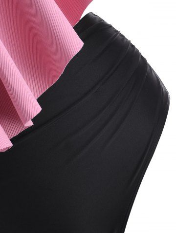 

Plus Size Ribbed Ruffled High Rise Tankini Swimwear, Light pink