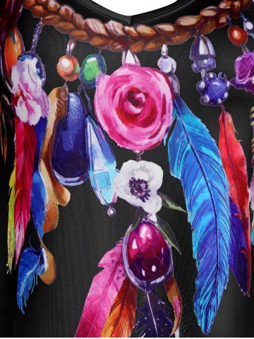 Feather Print Lace Trim Pointed Hem Tank Top