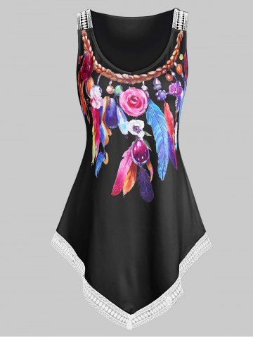 Feather Print Lace Trim Pointed Hem Tank Top