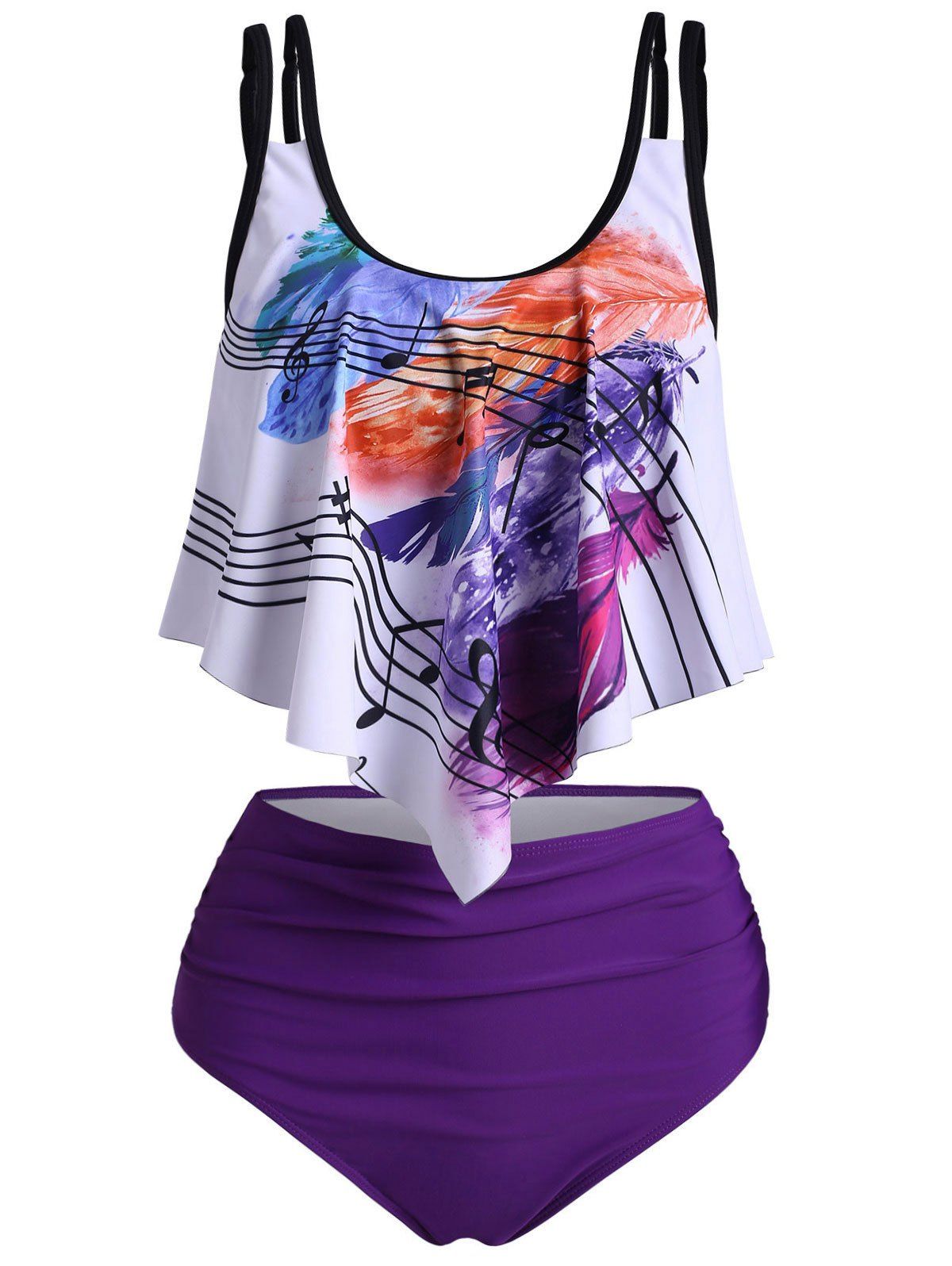 

Feather Musical Note Flounce Overlay High Waisted Tankini Swimwear, Purple