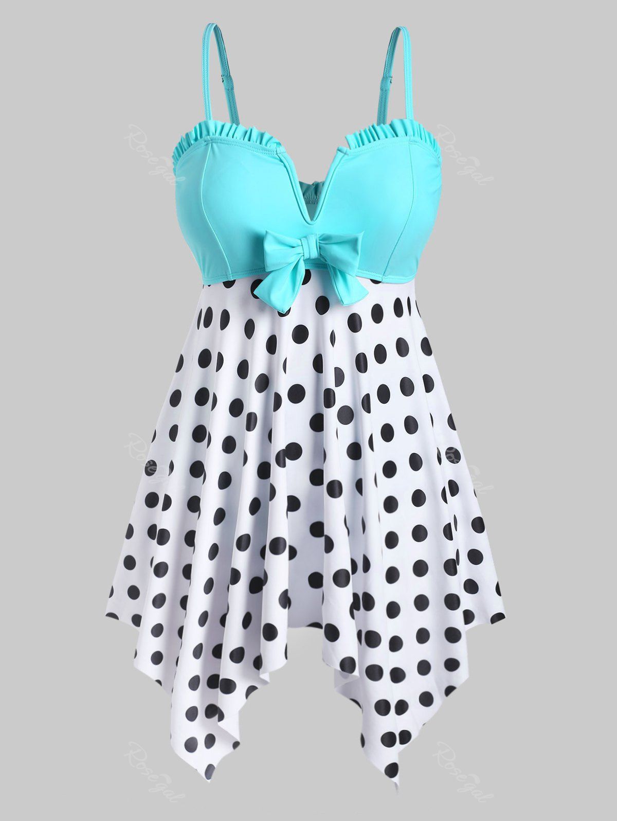 

Bowknot V Wire Polka Dot Plus Size Tankini Swimsuit, Blue zircon