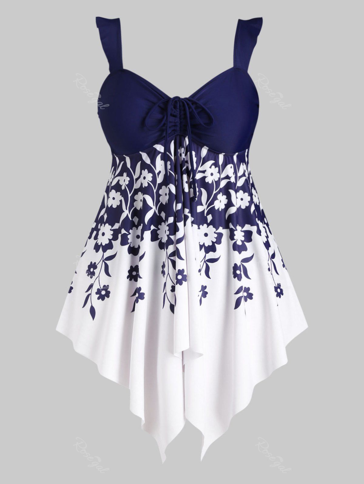 

Flounced Handkerchief Floral Cinched Front Plus Size Tankini Swimwear, Cadetblue