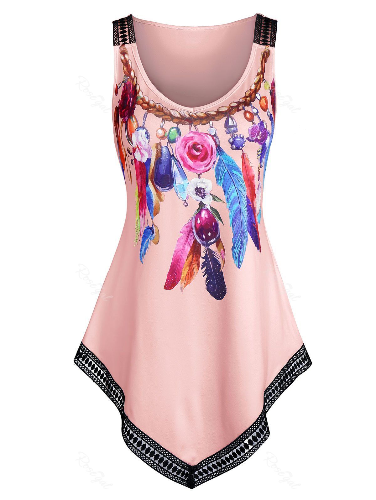 Sale Feather Print Lace Trim Pointed Hem Tank Top  