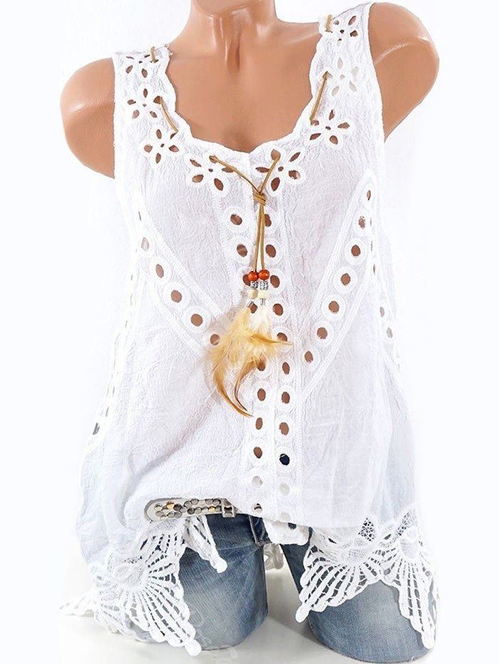 

Plus Size Feather Openwork Tank Top, Milk white