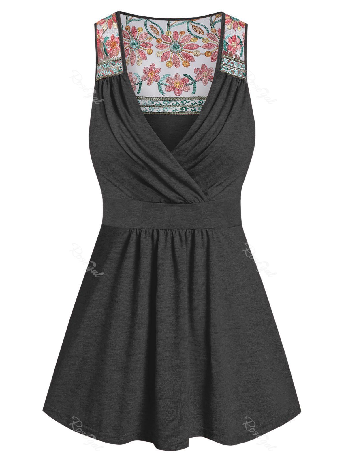 

Flower Lace Insert Plunge Neck Knot Back Tank Top, Dark gray