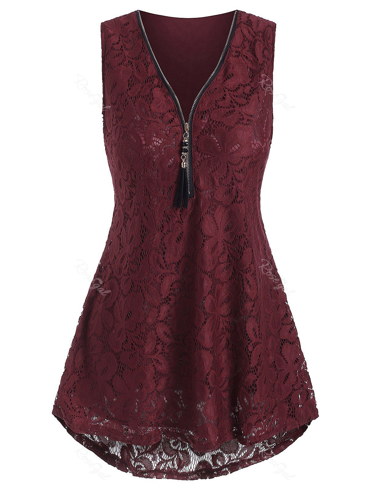 

Plus Size High Low Half Zip Lace Tank Top, Red wine
