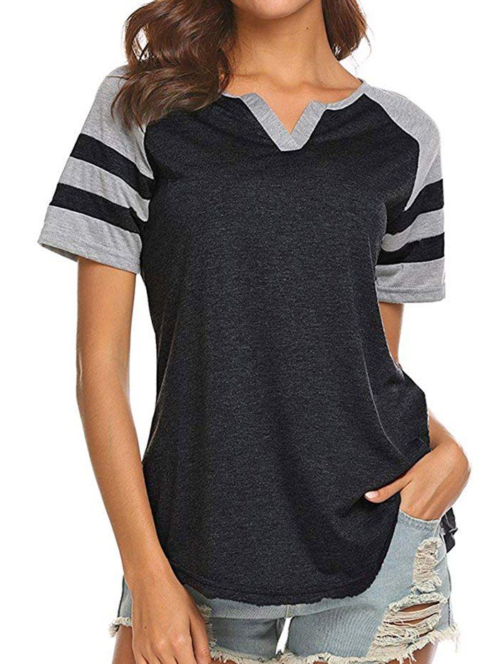 

V-notch Striped-detail Raglan Sleeve Top, Black