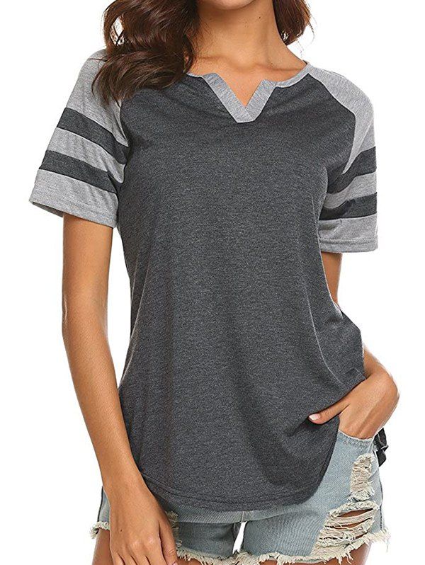 

V-notch Striped-detail Raglan Sleeve Top, Gray