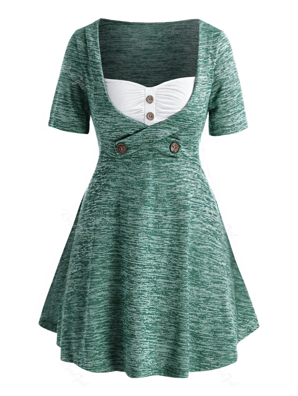 

Plus Size Ruched Space Dye Mock Button T Shirt, Macaw blue green