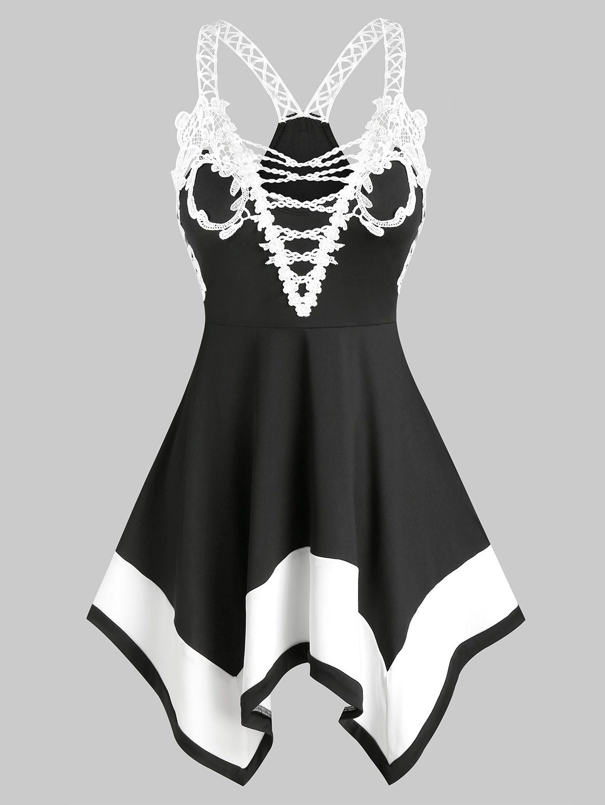 

Lace Insert Handkerchief Contrast Tank Top, Black