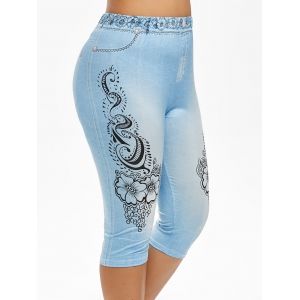 

Plus Size 3D Flower Print High Waisted Capri Jeggings, Light blue