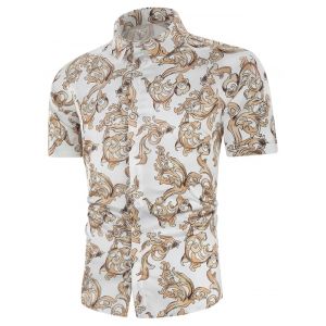 

Baroque Print Button Up Short Sleeve Shirt, White