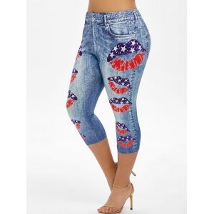 

Plus Size American Flag Lip Print Capri Jeggings, Blue koi