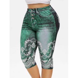 

Plus Size 3D Floral Print Capri Jeggings, Green