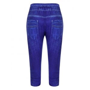 

Plus Size 3D Lace Up Jean Print Capri Jeggings, Blueberry blue