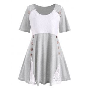 

Plus Size Flower Lace Button Embellished T-shirt, Gray goose