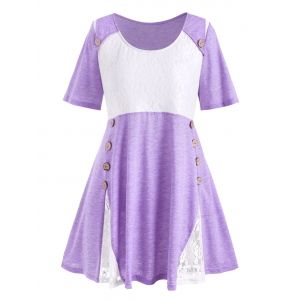 

Plus Size Flower Lace Button Embellished T-shirt, Purple mimosa