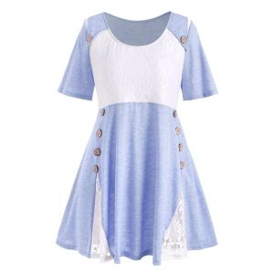 

Plus Size Flower Lace Button Embellished T-shirt, Cornflower blue