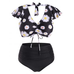 

Cinched Front Tie Back Daisy Print Plus Size Two Piece Swimsuit, Black