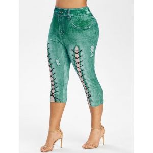 

Plus Size Faux Denim 3D Lace Up Print Capri Leggings, Greenish blue