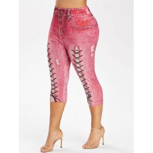 

Plus Size Faux Denim 3D Lace Up Print Capri Leggings, Rose