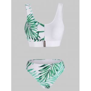 

Leaf Print Cropped Tankini Swimwear, Clover green
