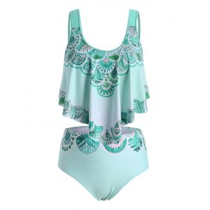 

Flounces Strappy Bohemian Printed Plus Size Tankini Swimwear, Green