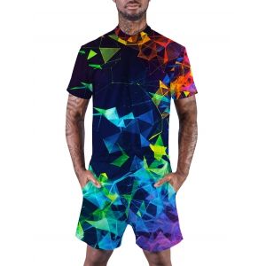 

Colorful Digital Geometric Print Zipper Romper, Multi