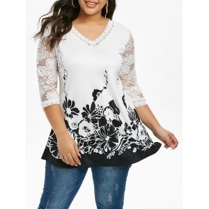 

Plus Size Floral Design Lace Panel T Shirt, White