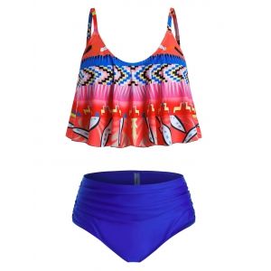 

Plus Size Ruched Print High Waisted Tankini Swimwear, Blue