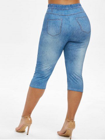 

Plus Size 3D Pattern Leaf Capri High Waisted Jeggings, Blue koi