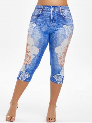 

Plus Size Flower Leaf 3D Print Capri Jeggings, Blue