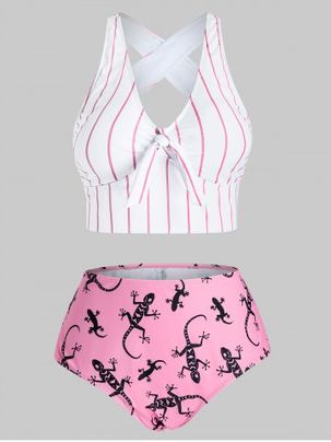 Plus Size Stripe Gecko Print Tie Front Longline Bikini Swimsuit