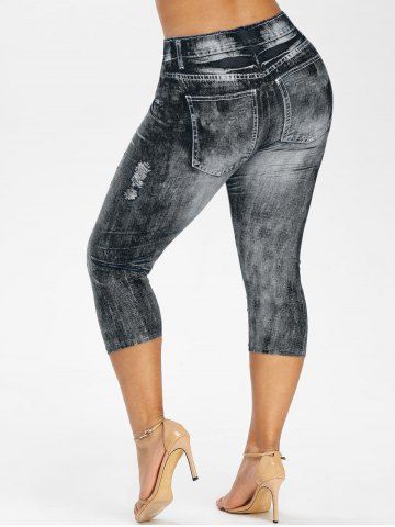 

Plus Size Faux Denim 3D Lace Up Print Capri Leggings, Black