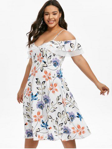 

Plus Size Cold Shoulder Floral Print Midi Dress, White