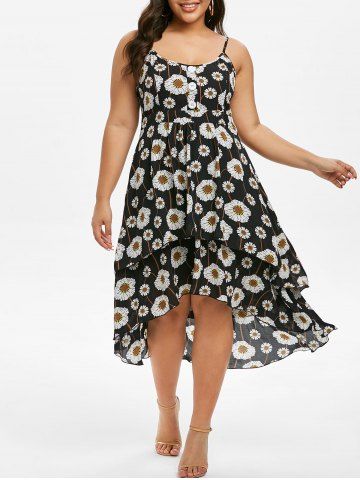 Plus Size & Curve Floral Print High Low Layered Midi Sundress - BLACK - 2X