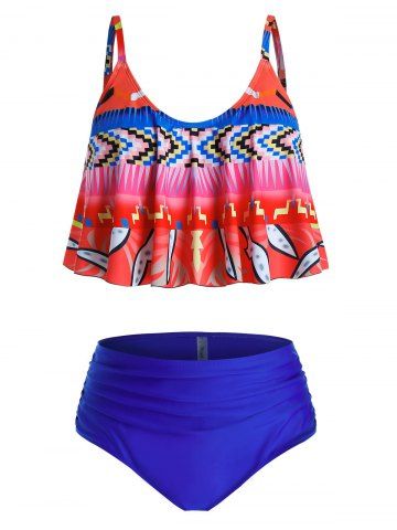 Plus Size Ruched Print High Waisted Tankini Swimwear - BLUE - L