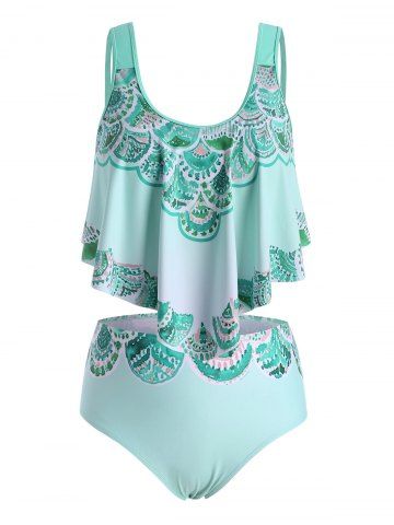 Flounces Strappy Bohemian Printed Plus Size Tankini Swimwear - GREEN - 5X