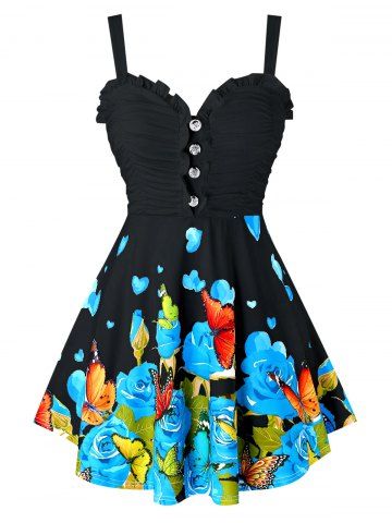 Plus Size Floral Print Button Ruffle Tank Top