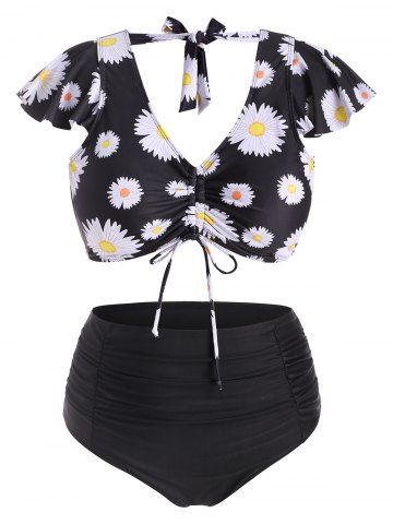 Cinched Front Tie Back Daisy Print Plus Size Two Piece Swimsuit - BLACK - 5X