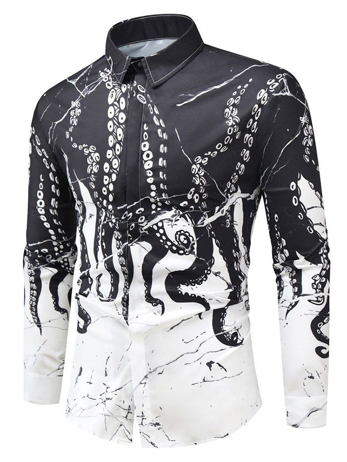 

Line Octopus Print Button Up Long Sleeve Shirt, Multi