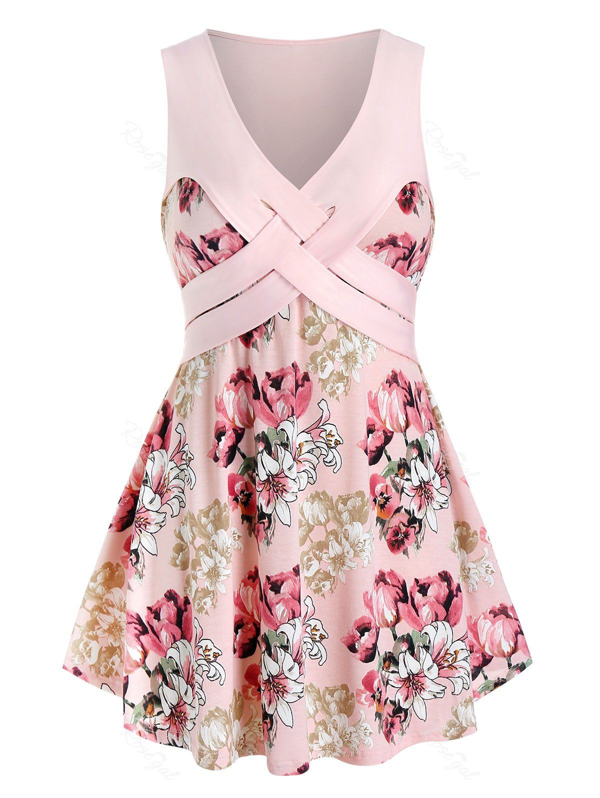 

Plus Size Flower Print Cross Front Tunic Tank Top, Light pink
