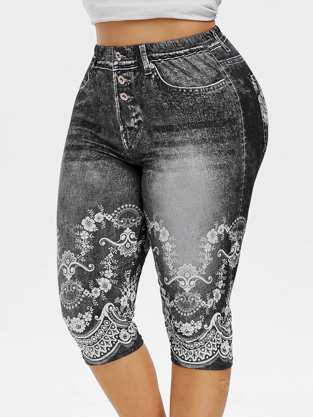 

Plus Size 3D Floral Print Capri Jeggings, Black