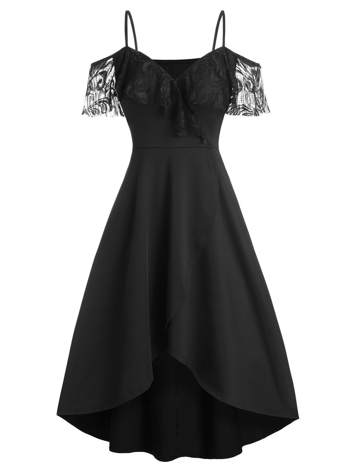 

Plain Cold Shoulder Lace Panel High Low Dress, Black