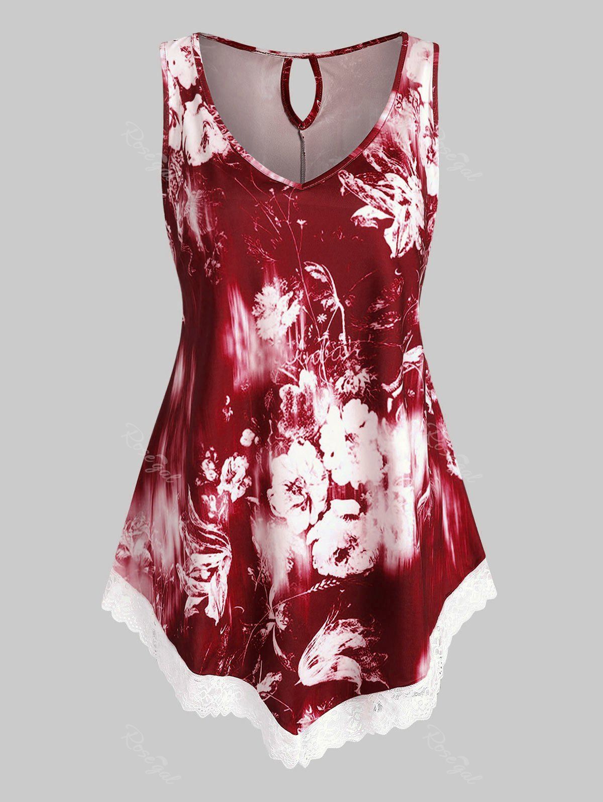 

Keyhole Back Floral Lace Trim Plus Size Tank Top, Red wine